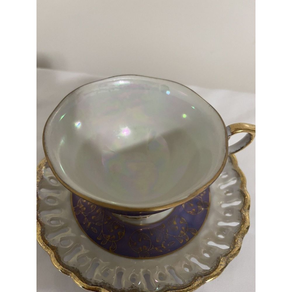 Vintage KPM Japan Lusterware Periwinkle Footed Tea Cup and‎ Saucer Luminous - Picture 2 of 7